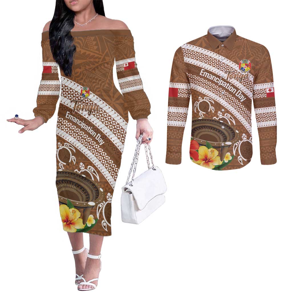 Kingdom Of Tonga Emancipation Day Couples Matching Off The Shoulder Long Sleeve Dress and Long Sleeve Button Shirt Tongan Ngatu With Kumete Brown