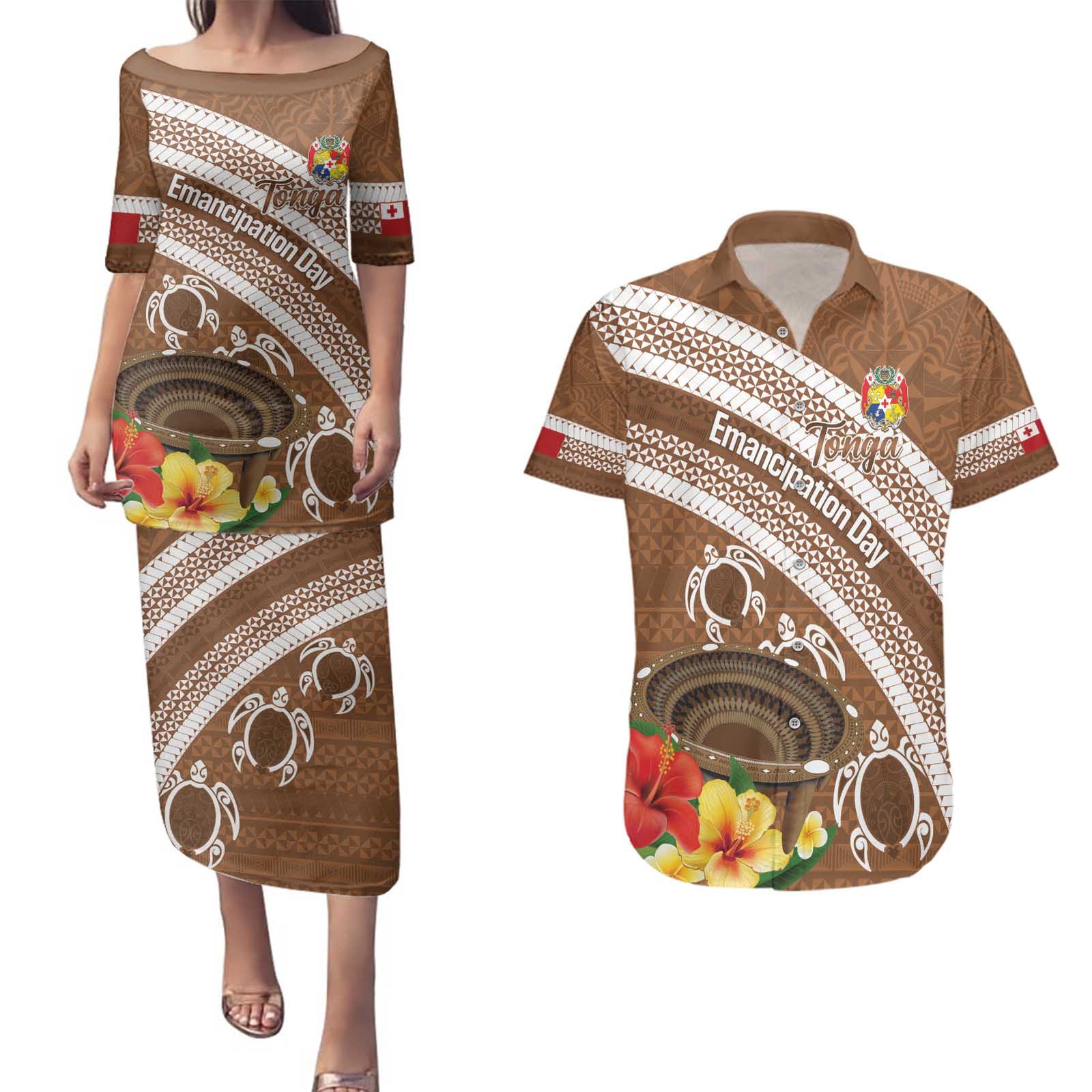 Kingdom Of Tonga Emancipation Day Couples Matching Puletasi and Hawaiian Shirt Tongan Ngatu With Kumete Brown