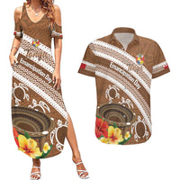 Kingdom Of Tonga Emancipation Day Couples Matching Summer Maxi Dress and Hawaiian Shirt Tongan Ngatu With Kumete Brown