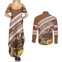 Kingdom Of Tonga Emancipation Day Couples Matching Summer Maxi Dress and Long Sleeve Button Shirt Tongan Ngatu With Kumete Brown
