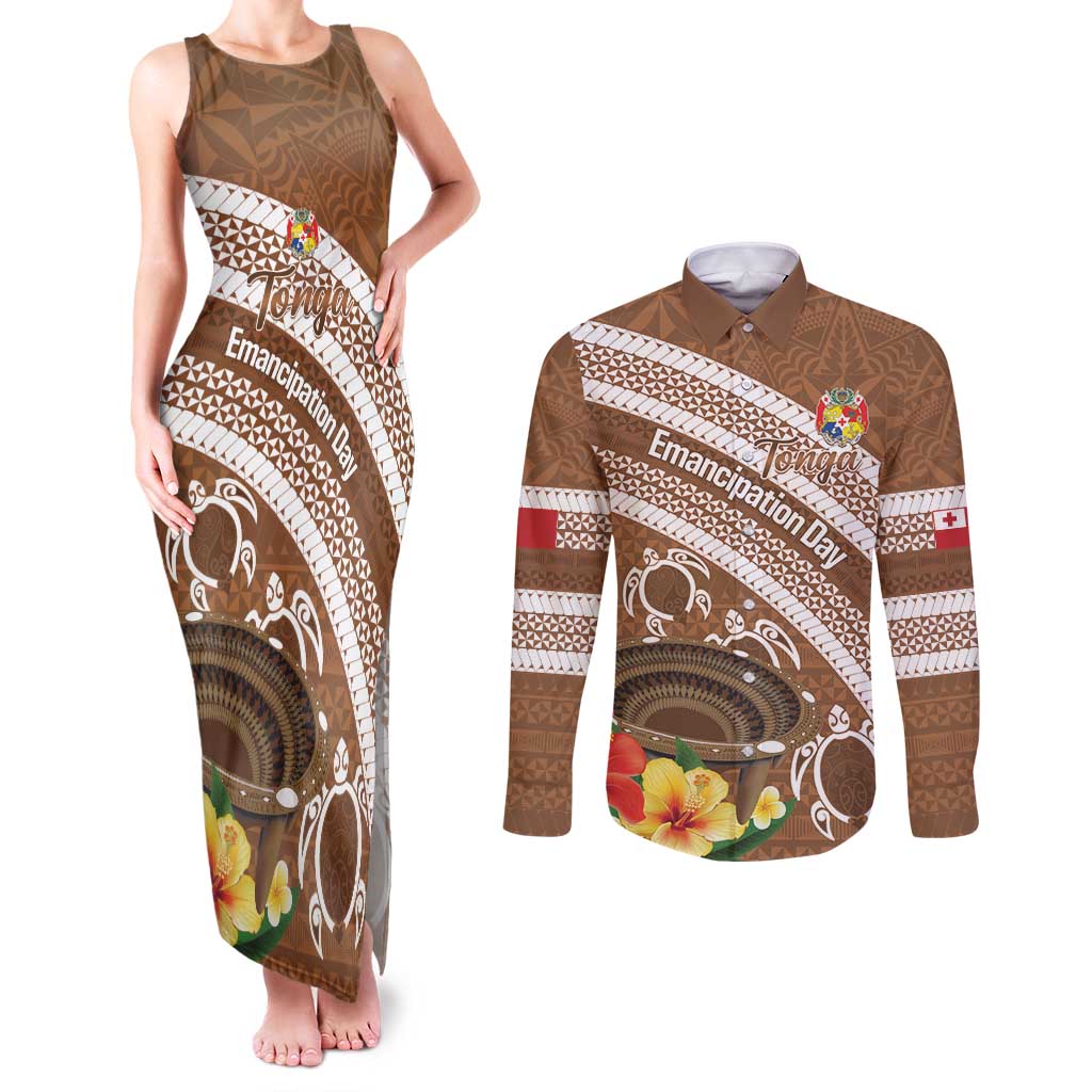 Kingdom Of Tonga Emancipation Day Couples Matching Tank Maxi Dress and Long Sleeve Button Shirt Tongan Ngatu With Kumete Brown