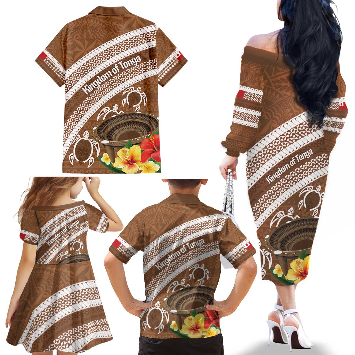 Kingdom Of Tonga Emancipation Day Family Matching Off The Shoulder Long Sleeve Dress and Hawaiian Shirt Tongan Ngatu With Kumete Brown