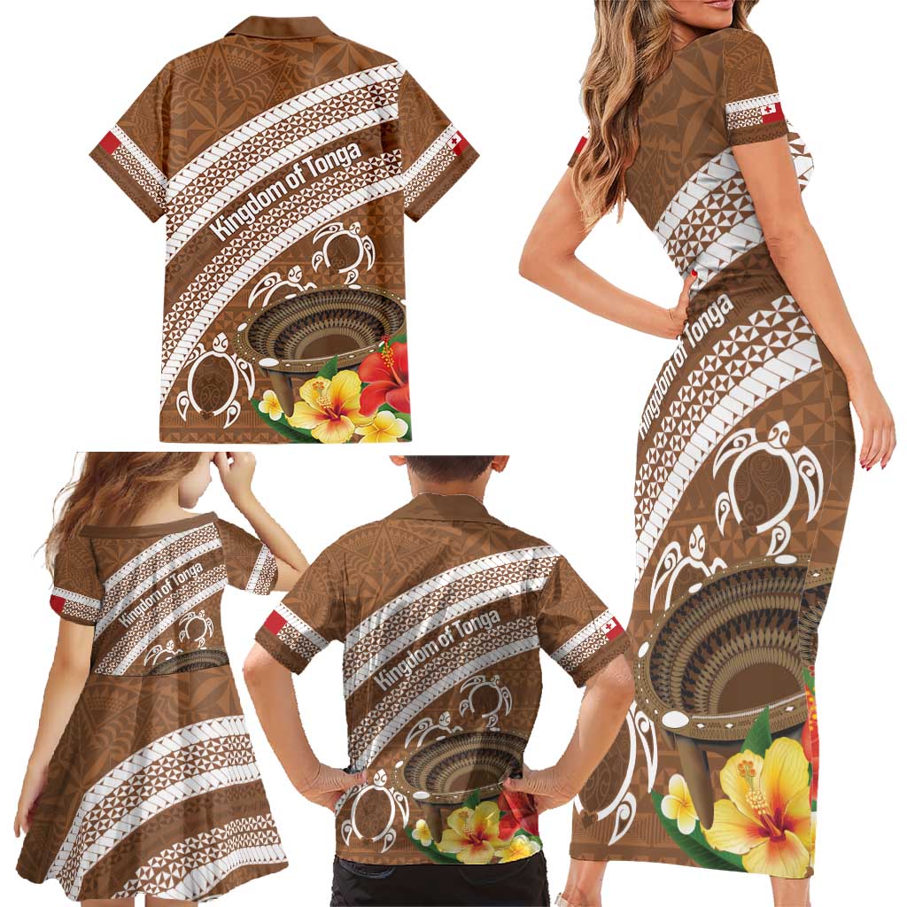 Kingdom Of Tonga Emancipation Day Family Matching Short Sleeve Bodycon Dress and Hawaiian Shirt Tongan Ngatu With Kumete Brown