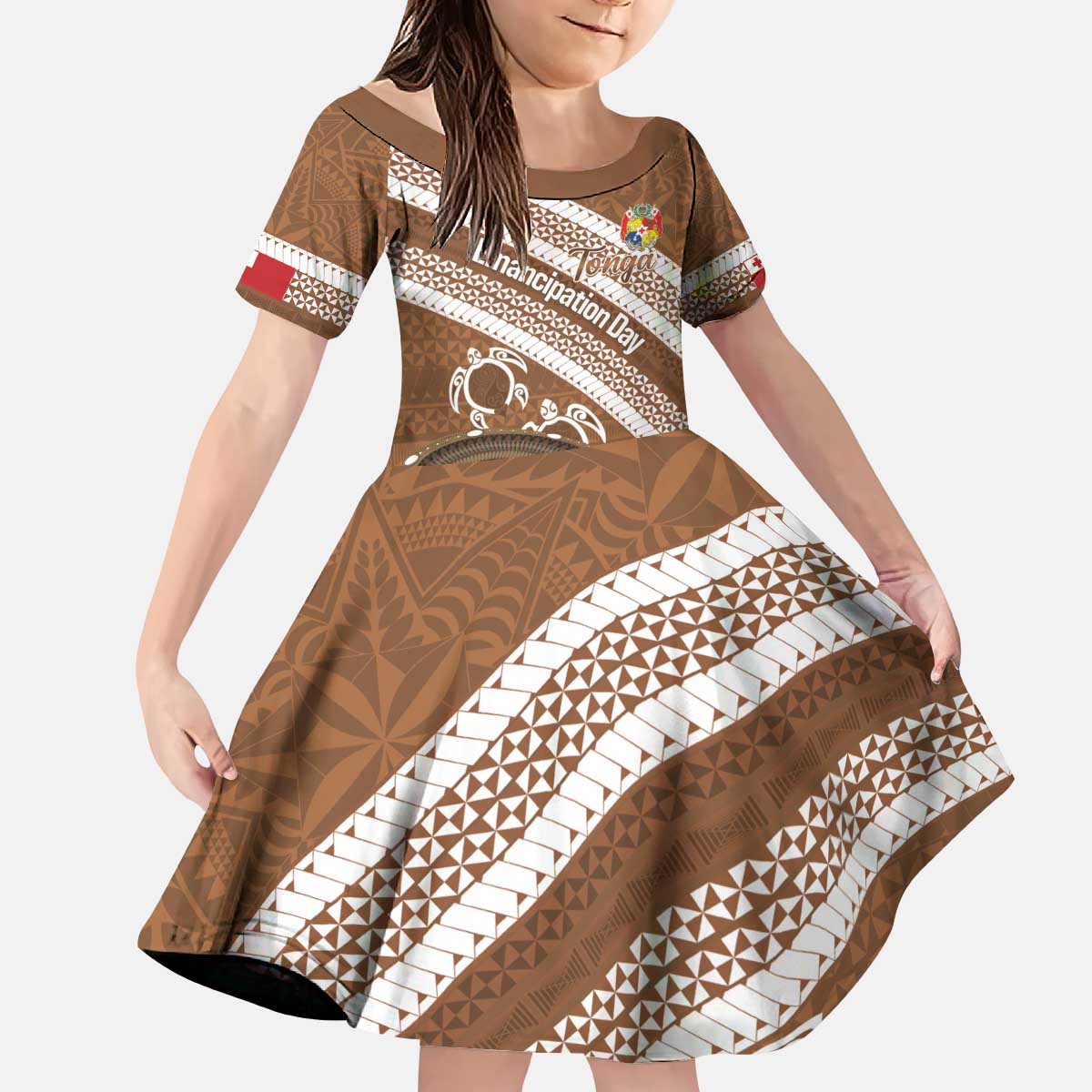 Kingdom Of Tonga Emancipation Day Kid Short Sleeve Dress Tongan Ngatu With Kumete Brown