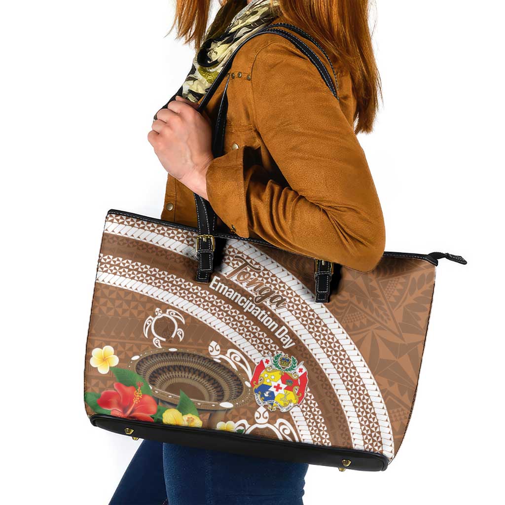 Kingdom Of Tonga Emancipation Day Leather Tote Bag Tongan Ngatu With Kumete Brown