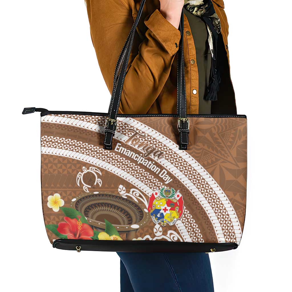 Kingdom Of Tonga Emancipation Day Leather Tote Bag Tongan Ngatu With Kumete Brown