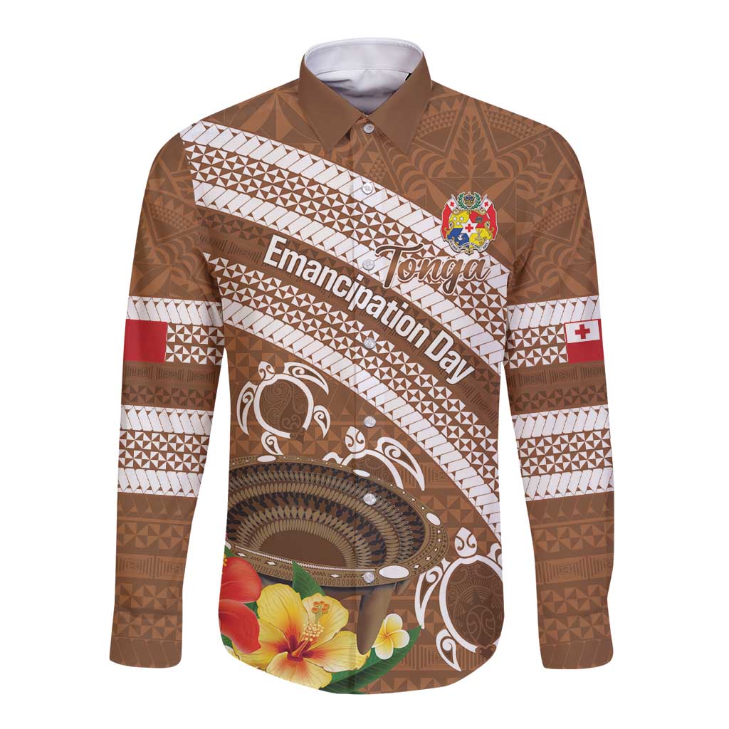 Kingdom Of Tonga Emancipation Day Long Sleeve Button Shirt Tongan Ngatu With Kumete Brown