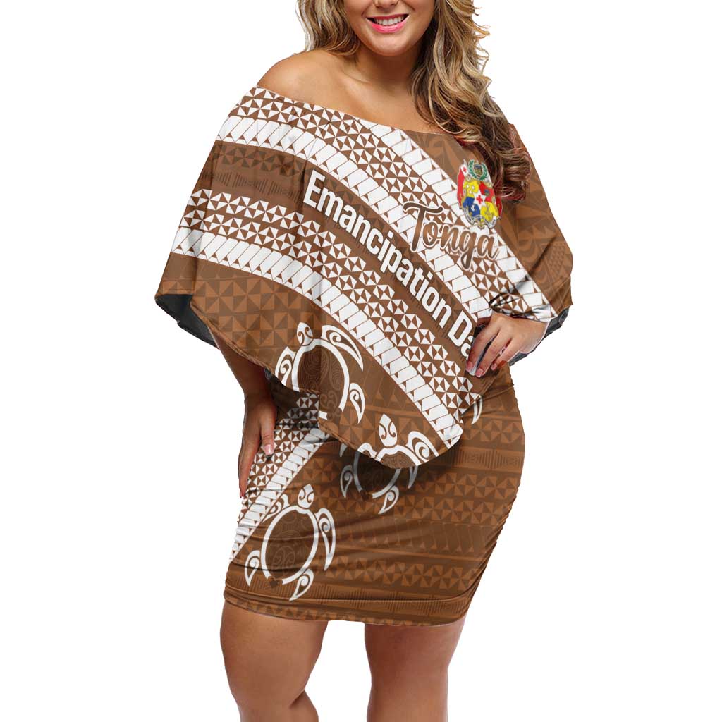 Kingdom Of Tonga Emancipation Day Off Shoulder Short Dress Tongan Ngatu With Kumete Brown