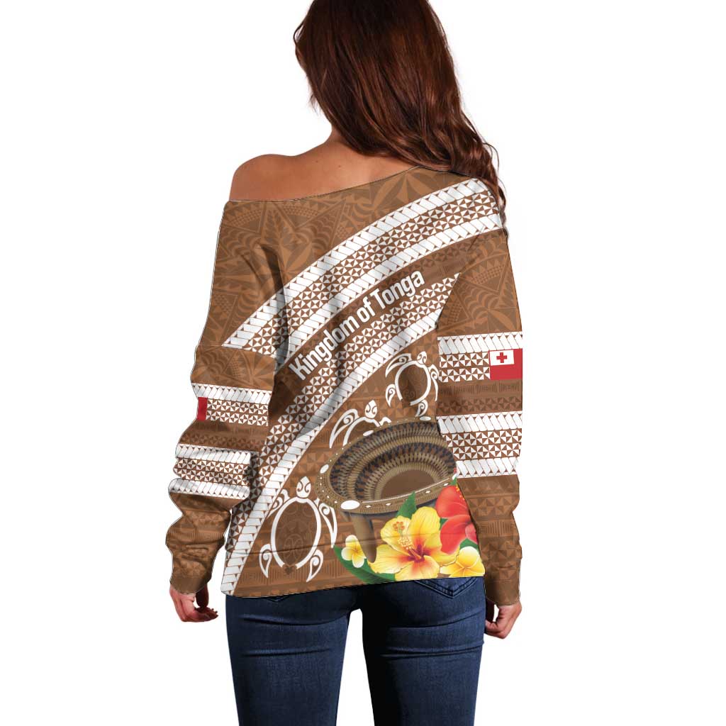 Kingdom Of Tonga Emancipation Day Off Shoulder Sweater Tongan Ngatu With Kumete Brown