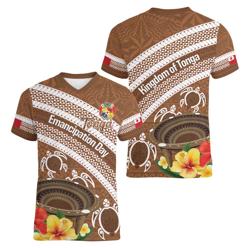 Kingdom Of Tonga Emancipation Day Women V-Neck T-Shirt Tongan Ngatu With Kumete Brown