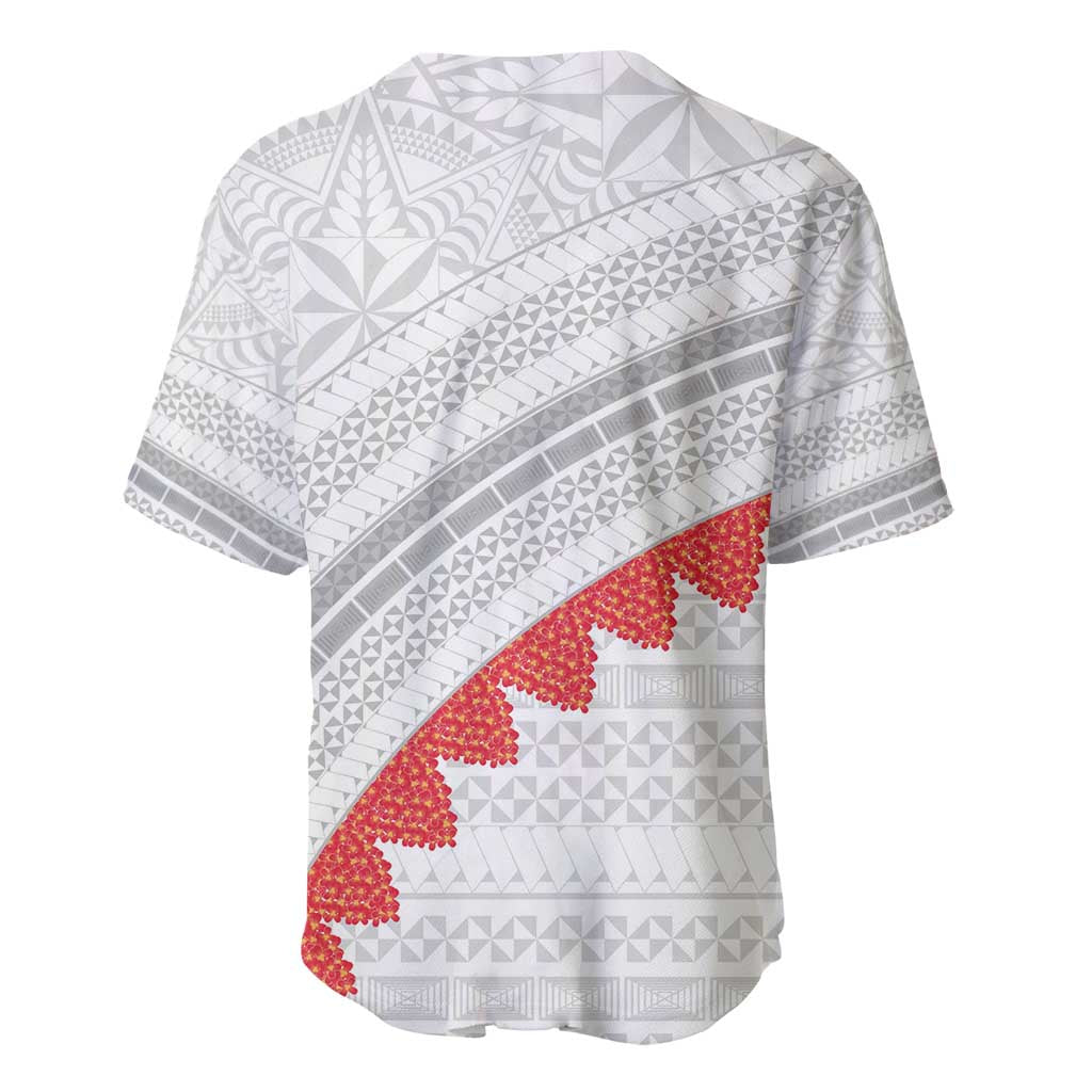 Tonga White Sunday Baseball Jersey Heilala Flowers Tongan Ngatu Pattern