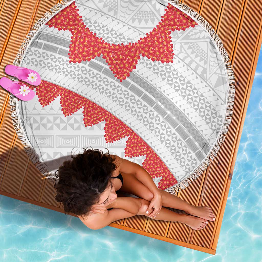 Tonga White Sunday Beach Blanket Heilala Flowers Tongan Ngatu Pattern