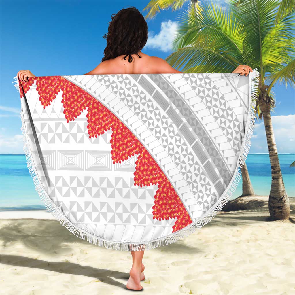 Tonga White Sunday Beach Blanket Heilala Flowers Tongan Ngatu Pattern