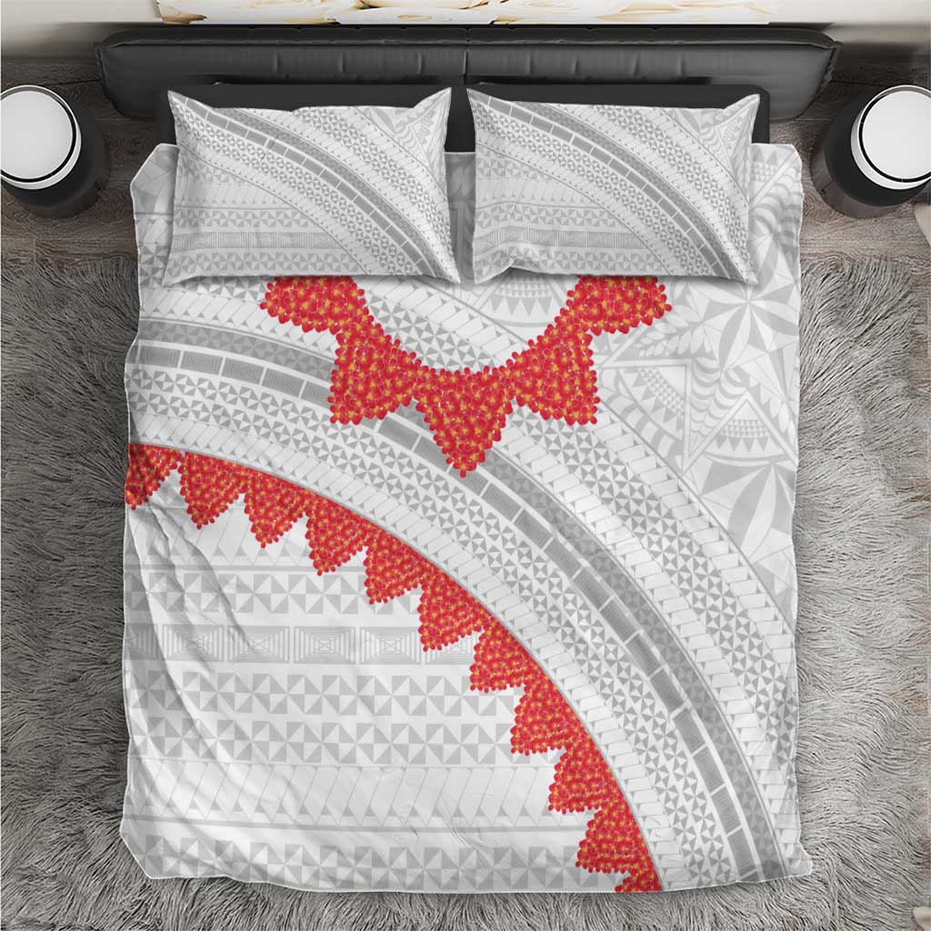 Tonga White Sunday Bedding Set Heilala Flowers Tongan Ngatu Pattern