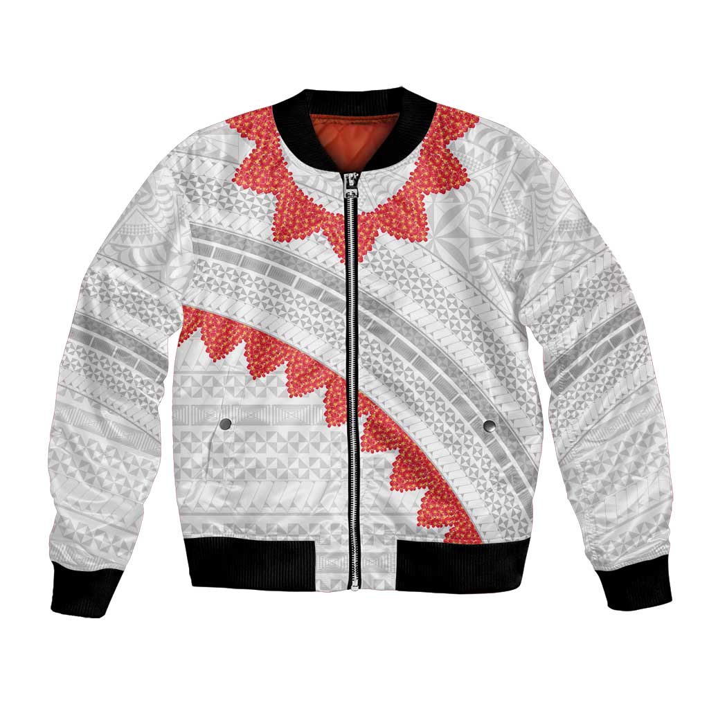 Tonga White Sunday Bomber Jacket Heilala Flowers Tongan Ngatu Pattern