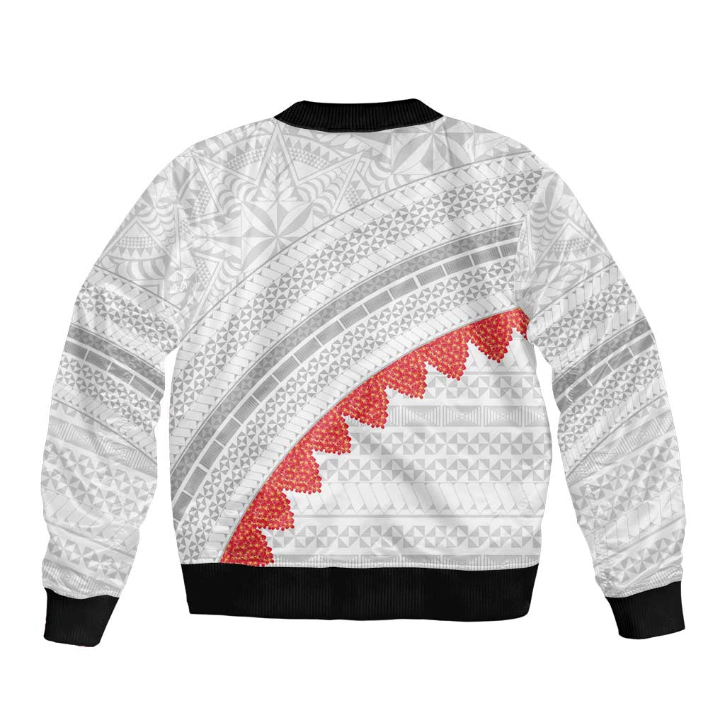 Tonga White Sunday Bomber Jacket Heilala Flowers Tongan Ngatu Pattern