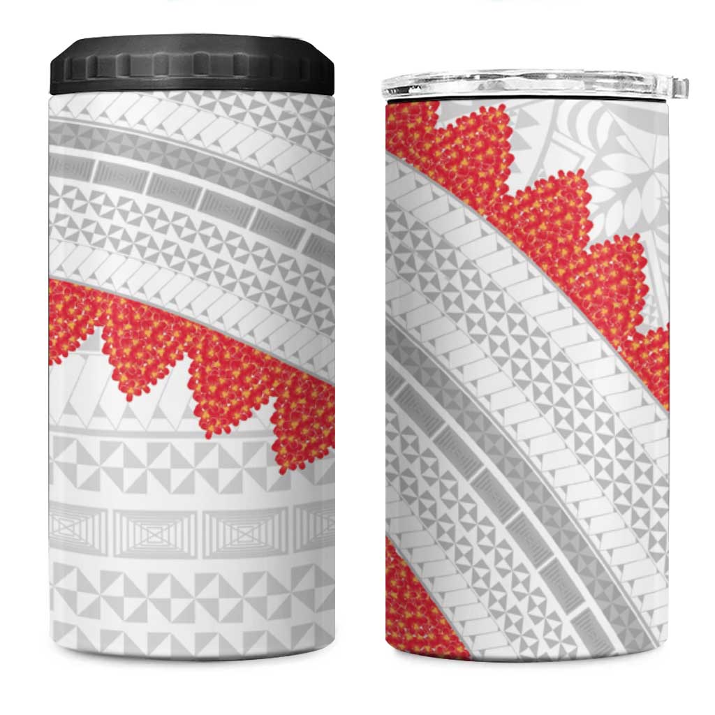 Tonga White Sunday 4 in 1 Can Cooler Tumbler Heilala Flowers Tongan Ngatu Pattern
