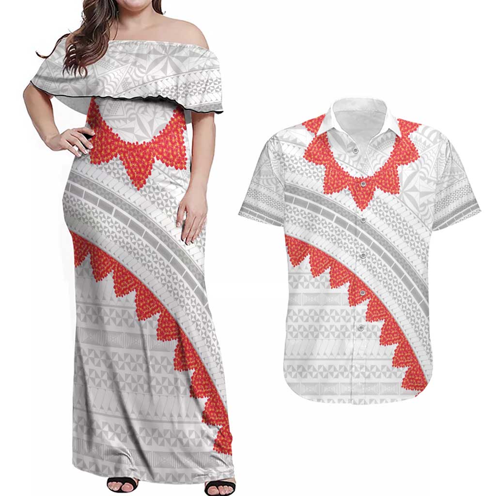 Tonga White Sunday Couples Matching Off Shoulder Maxi Dress and Hawaiian Shirt Heilala Flowers Tongan Ngatu Pattern