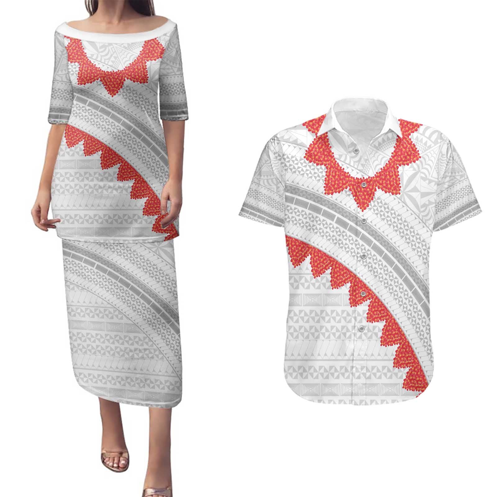 Tonga White Sunday Couples Matching Puletasi and Hawaiian Shirt Heilala Flowers Tongan Ngatu Pattern