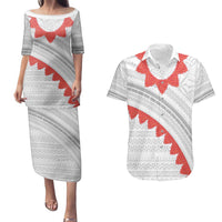 Tonga White Sunday Couples Matching Puletasi and Hawaiian Shirt Heilala Flowers Tongan Ngatu Pattern