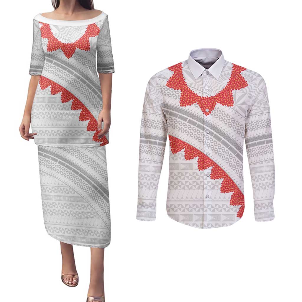 Tonga White Sunday Couples Matching Puletasi and Long Sleeve Button Shirt Heilala Flowers Tongan Ngatu Pattern