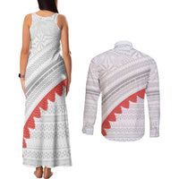 Tonga White Sunday Couples Matching Tank Maxi Dress and Long Sleeve Button Shirt Heilala Flowers Tongan Ngatu Pattern