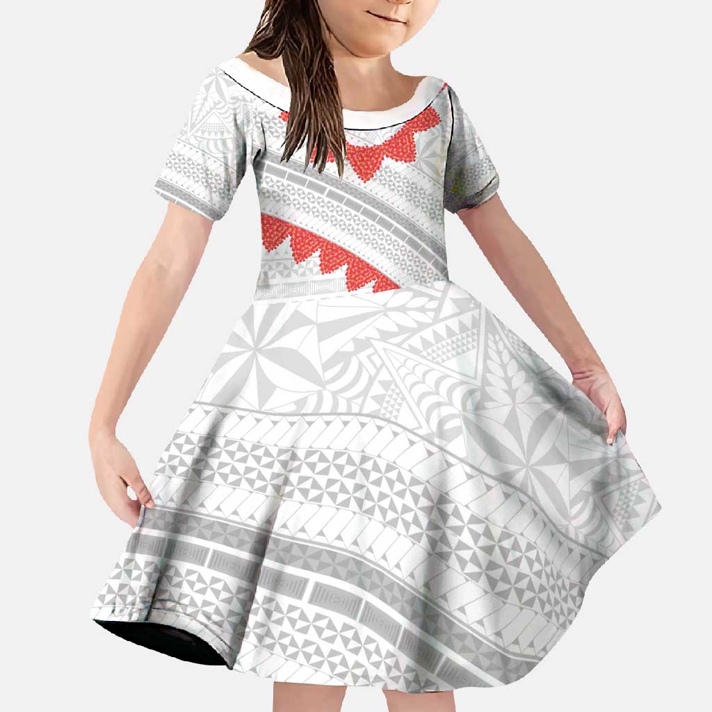 Tonga White Sunday Family Matching Long Sleeve Bodycon Dress and Hawaiian Shirt Heilala Flowers Tongan Ngatu Pattern