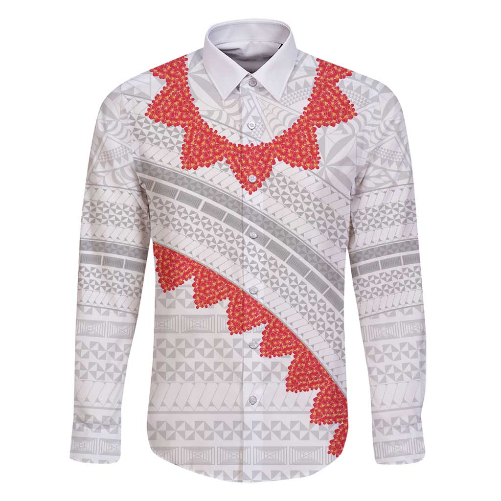 Tonga White Sunday Family Matching Long Sleeve Bodycon Dress and Hawaiian Shirt Heilala Flowers Tongan Ngatu Pattern