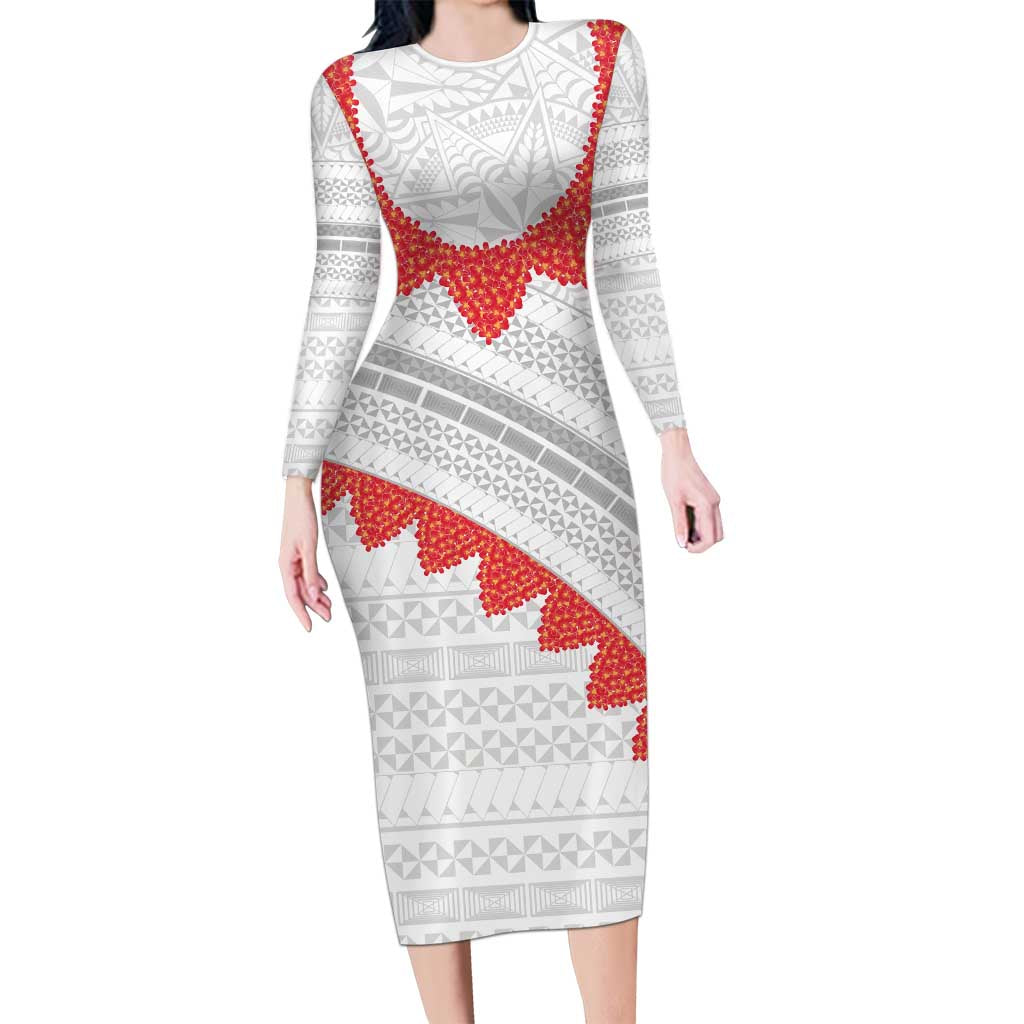 Tonga White Sunday Family Matching Long Sleeve Bodycon Dress and Hawaiian Shirt Heilala Flowers Tongan Ngatu Pattern
