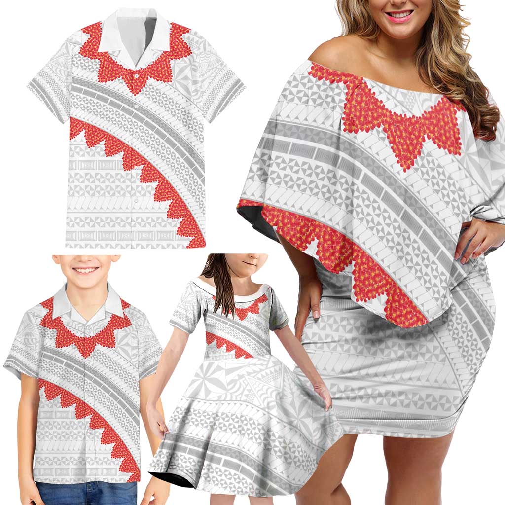 Tonga White Sunday Family Matching Off Shoulder Short Dress and Hawaiian Shirt Heilala Flowers Tongan Ngatu Pattern