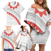 Tonga White Sunday Family Matching Off Shoulder Short Dress and Hawaiian Shirt Heilala Flowers Tongan Ngatu Pattern