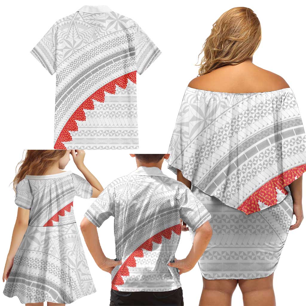 Tonga White Sunday Family Matching Off Shoulder Short Dress and Hawaiian Shirt Heilala Flowers Tongan Ngatu Pattern