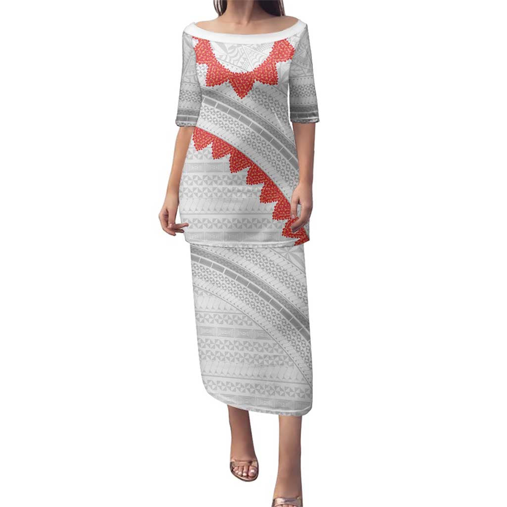 Tonga White Sunday Family Matching Puletasi and Hawaiian Shirt Heilala Flowers Tongan Ngatu Pattern