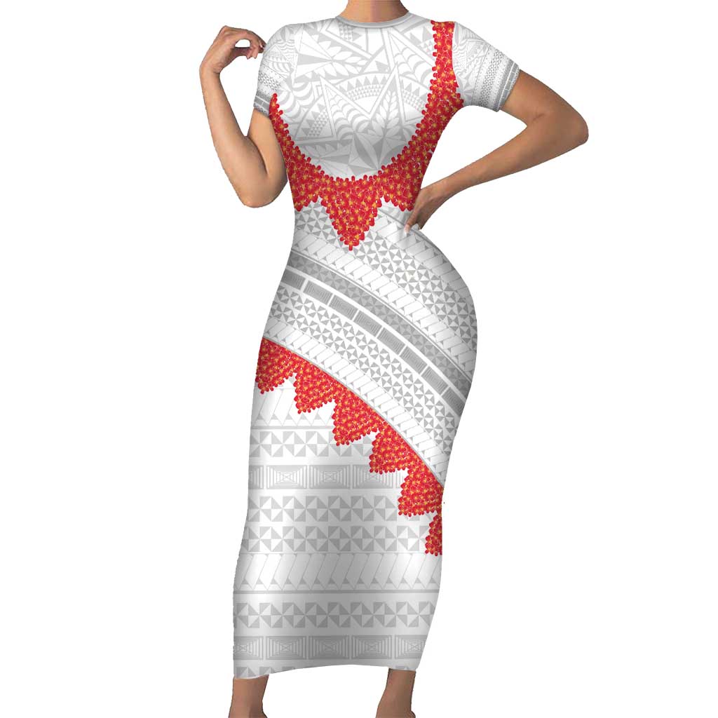 Tonga White Sunday Family Matching Short Sleeve Bodycon Dress and Hawaiian Shirt Heilala Flowers Tongan Ngatu Pattern