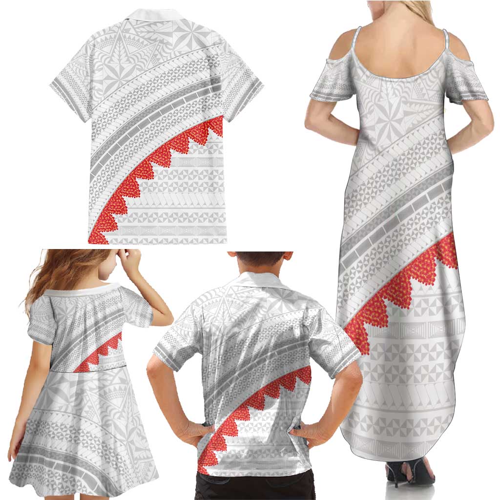 Tonga White Sunday Family Matching Summer Maxi Dress and Hawaiian Shirt Heilala Flowers Tongan Ngatu Pattern