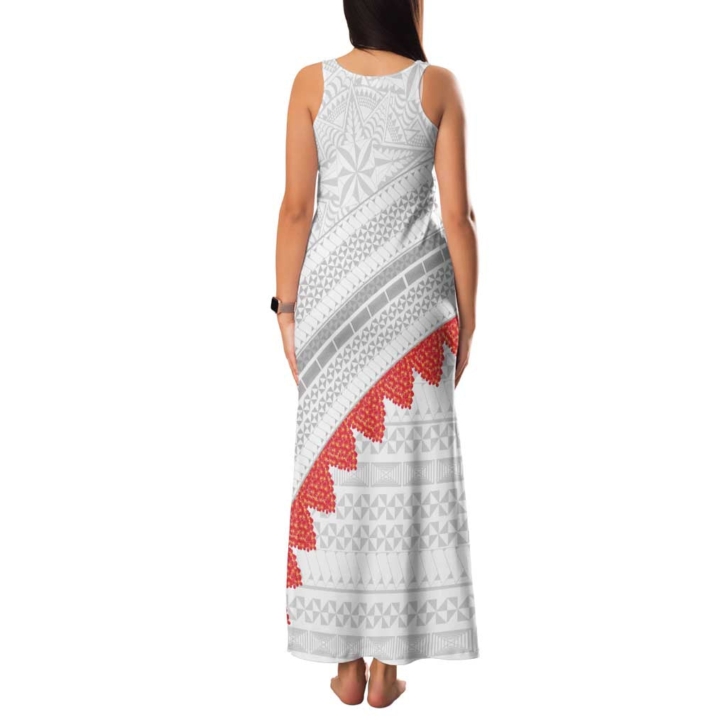 Tonga White Sunday Family Matching Tank Maxi Dress and Hawaiian Shirt Heilala Flowers Tongan Ngatu Pattern