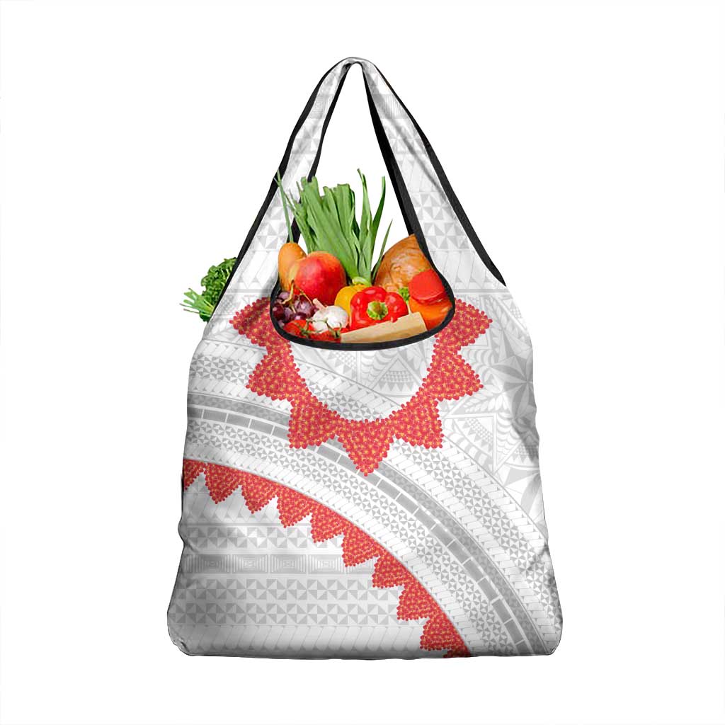 Tonga White Sunday Grocery Bag Heilala Flowers Tongan Ngatu Pattern