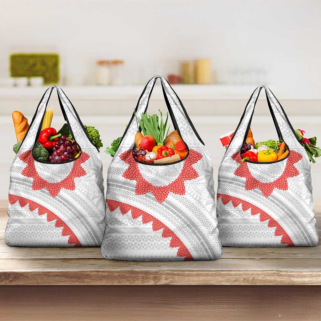Tonga White Sunday Grocery Bag Heilala Flowers Tongan Ngatu Pattern