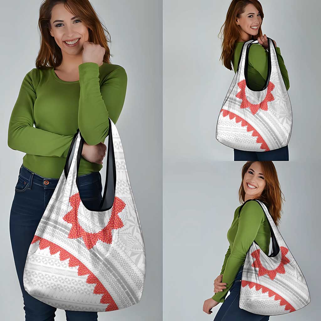 Tonga White Sunday Grocery Bag Heilala Flowers Tongan Ngatu Pattern