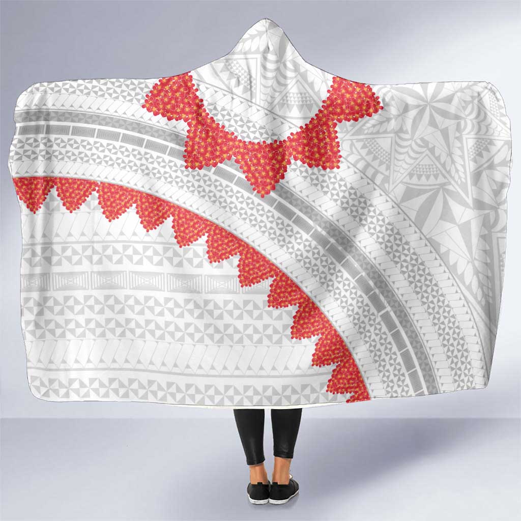 Tonga White Sunday Hooded Blanket Heilala Flowers Tongan Ngatu Pattern