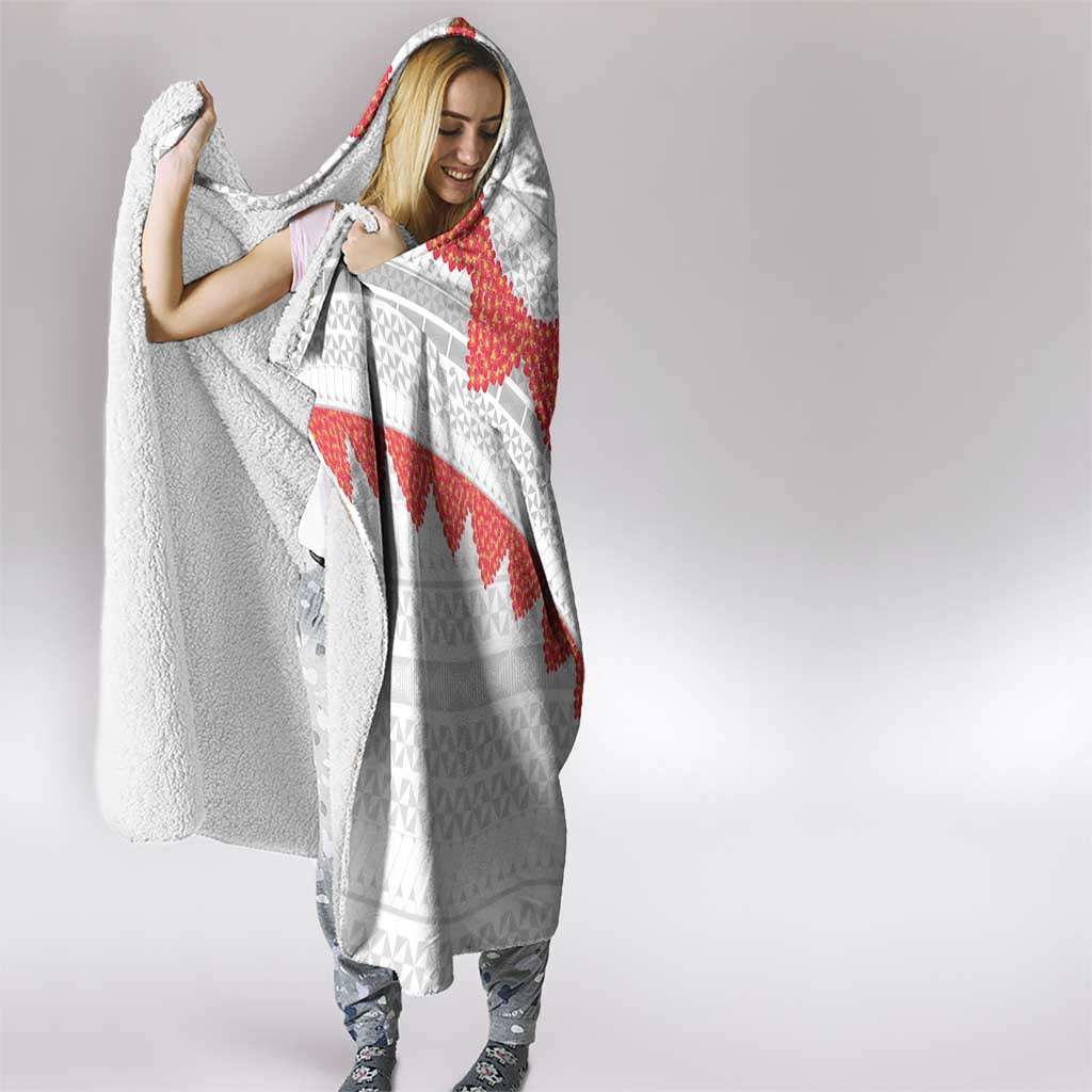 Tonga White Sunday Hooded Blanket Heilala Flowers Tongan Ngatu Pattern