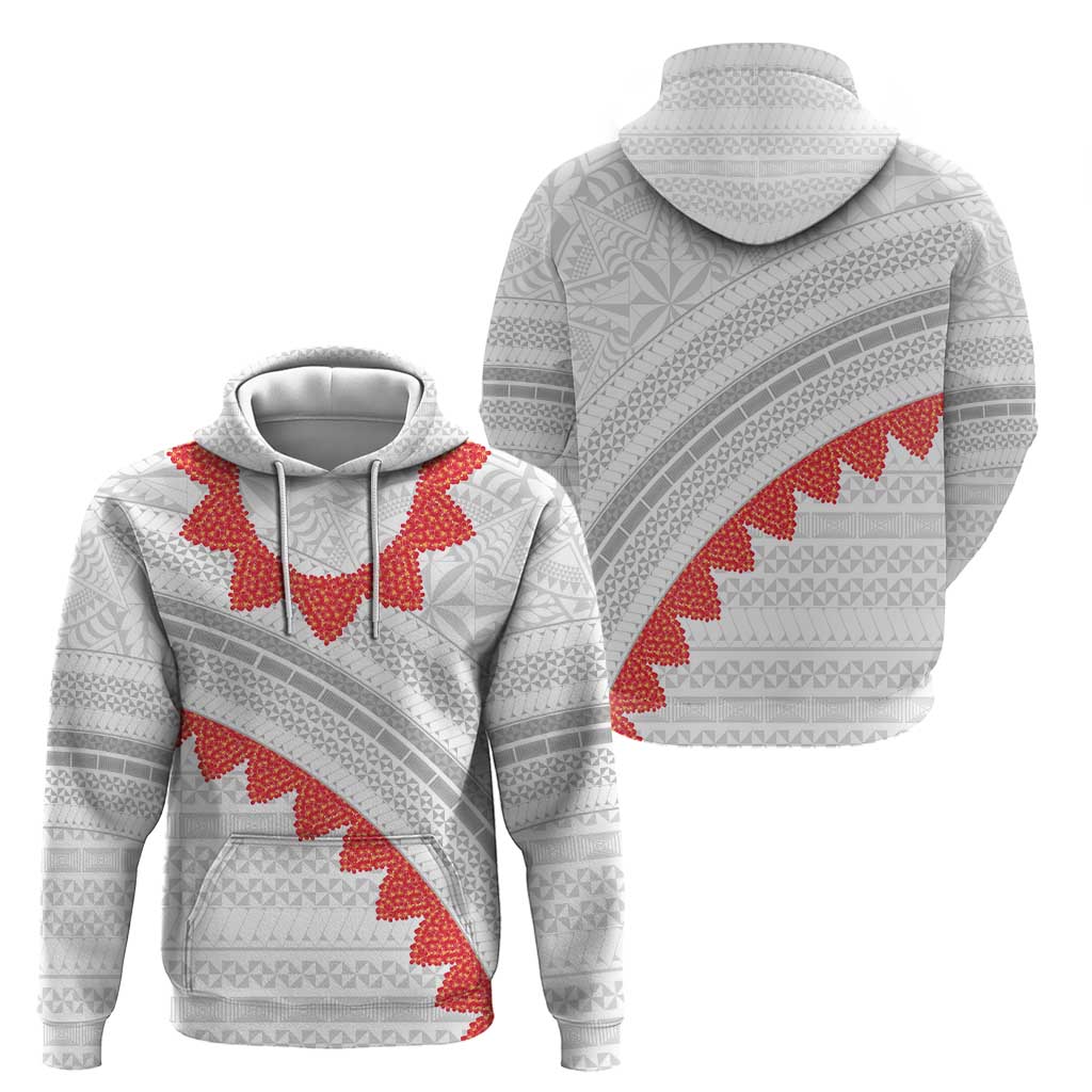 Tonga White Sunday Hoodie Heilala Flowers Tongan Ngatu Pattern
