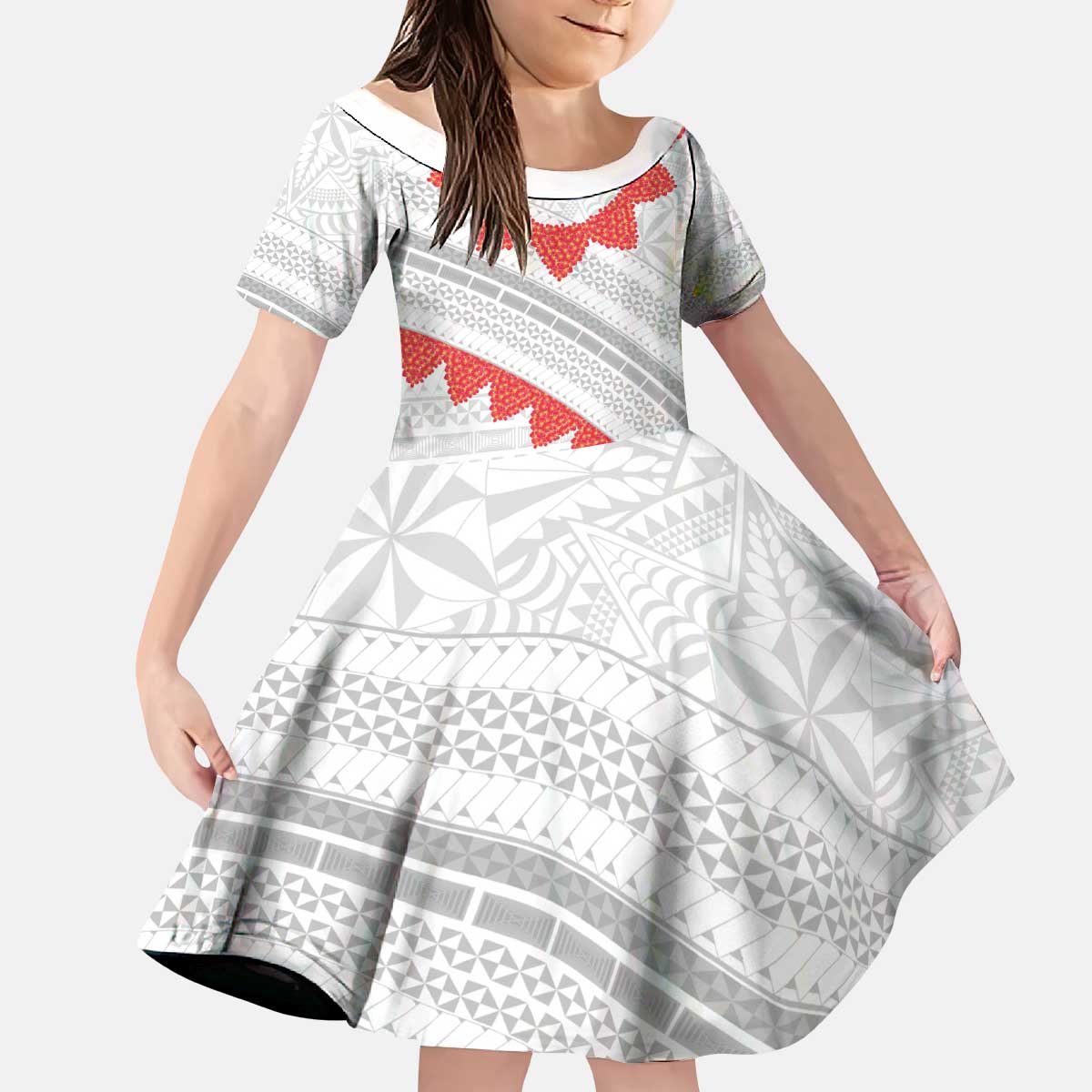 Tonga White Sunday Kid Short Sleeve Dress Heilala Flowers Tongan Ngatu Pattern