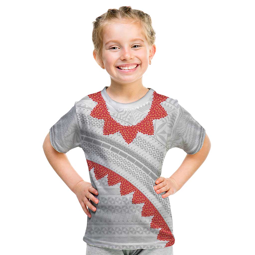 Tonga White Sunday Kid T Shirt Heilala Flowers Tongan Ngatu Pattern