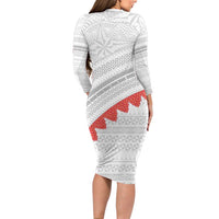 Tonga White Sunday Long Sleeve Bodycon Dress Heilala Flowers Tongan Ngatu Pattern