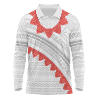 Tonga White Sunday Long Sleeve Polo Shirt Heilala Flowers Tongan Ngatu Pattern