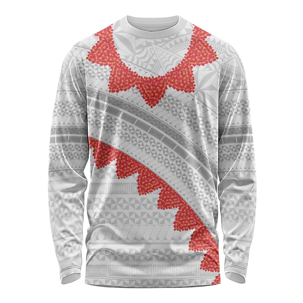 Tonga White Sunday Long Sleeve Shirt Heilala Flowers Tongan Ngatu Pattern