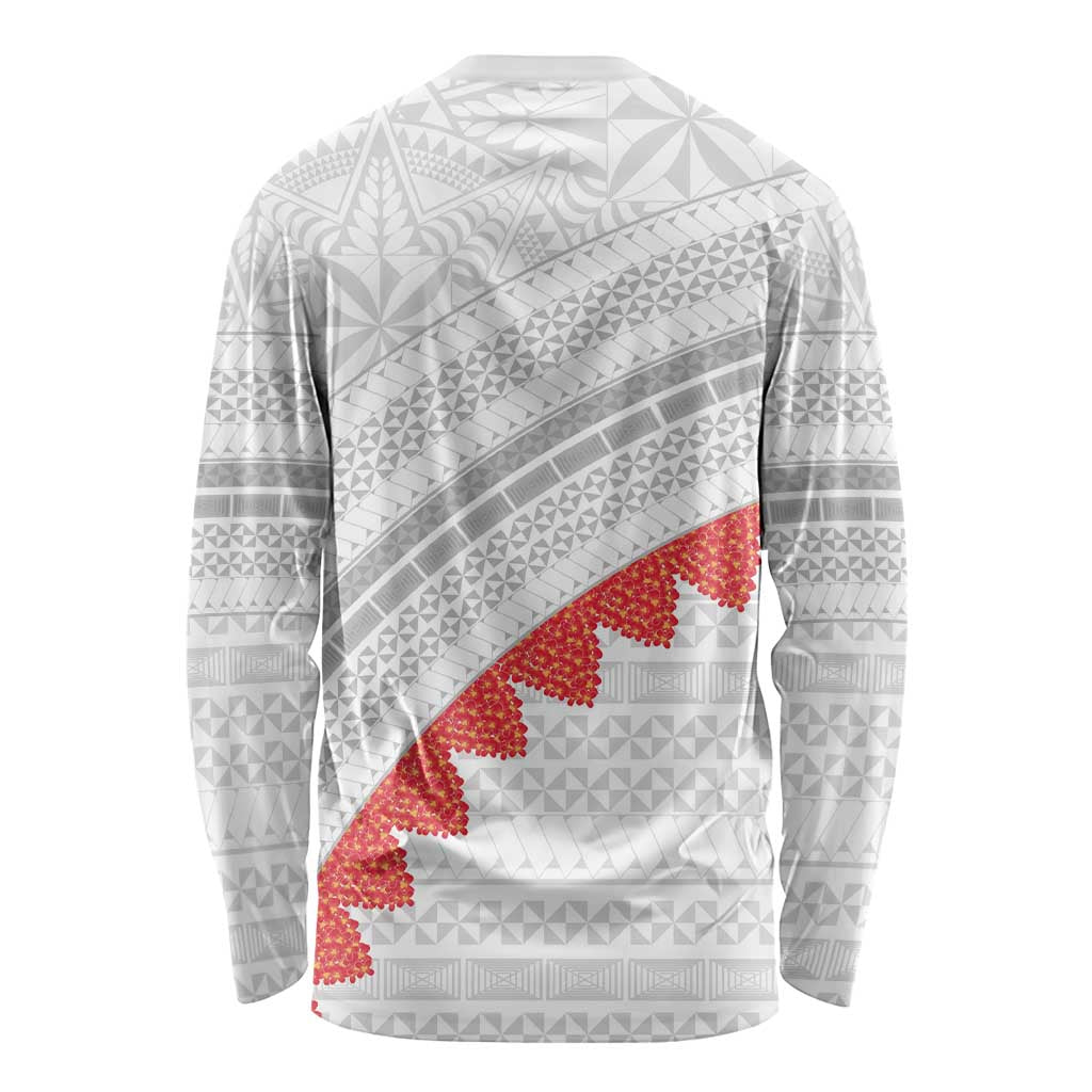 Tonga White Sunday Long Sleeve Shirt Heilala Flowers Tongan Ngatu Pattern