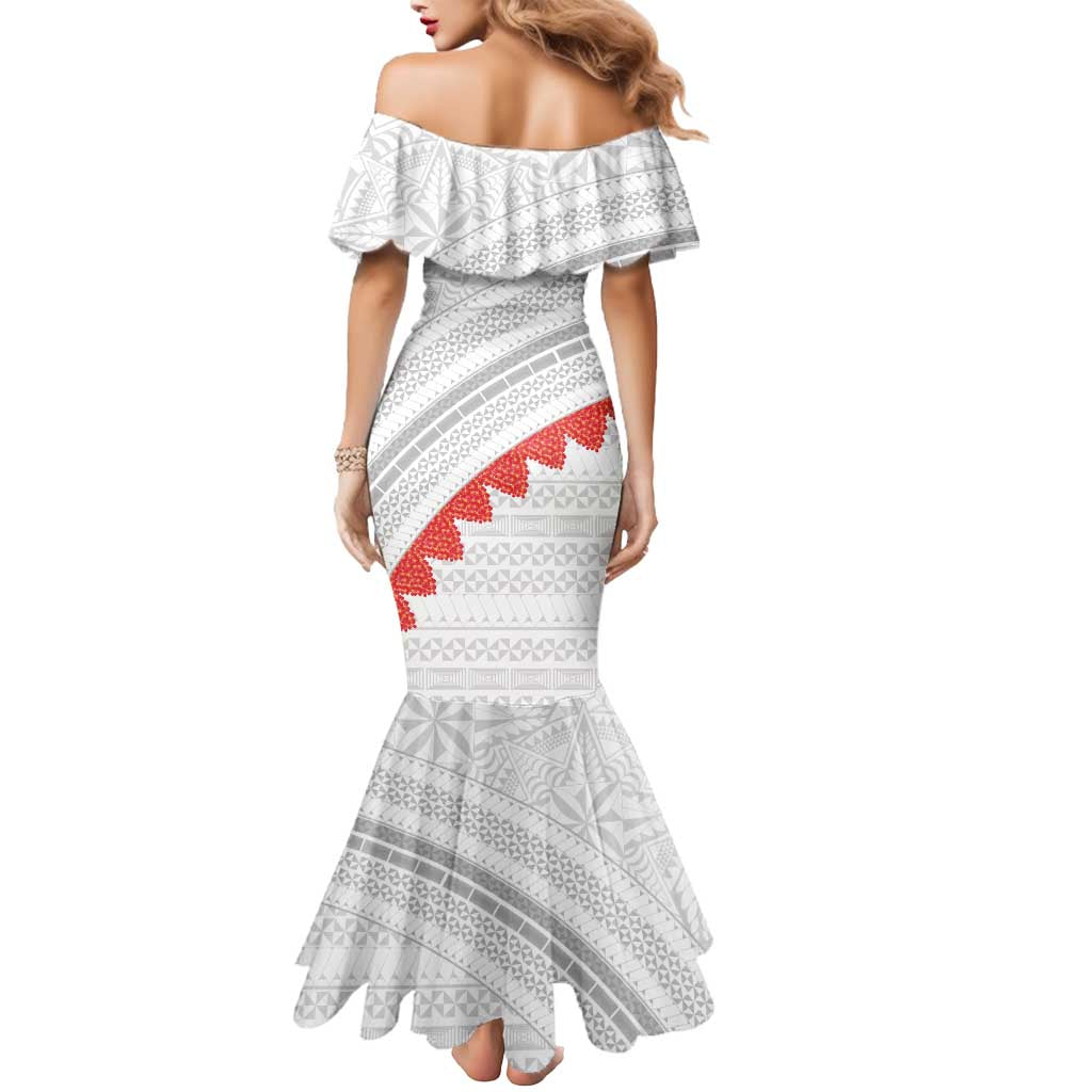 Tonga White Sunday Mermaid Dress Heilala Flowers Tongan Ngatu Pattern
