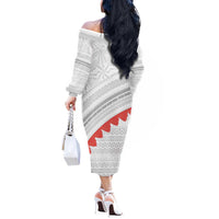 Tonga White Sunday Off The Shoulder Long Sleeve Dress Heilala Flowers Tongan Ngatu Pattern